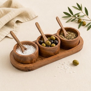 Handcrafted Acacia Wood <b>Condiment</b> Bowl Set with <b>Tray</b> and Spoons 3-Piece Spice Organizer & Eco-Friendly Serving Dish for Sale - Product Image 4