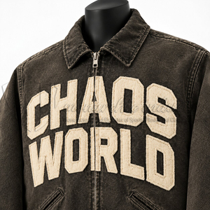 Veste en jean délavé pour homme personnalisée avec patch en chenille, fermeture éclair, style streetwear, vente en gros, fabricant OEM ODM - Product Image 6