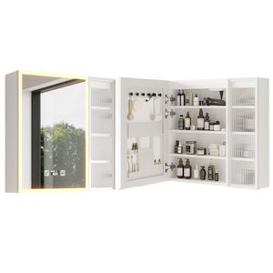 Mobiletto a Specchio Moderno Bianco in Truciolato con LED (20+8.5*28 Pollici) con 1 Anta a Specchio in Vetro e 1 Anta in Vetro Changhong - Product Image 2