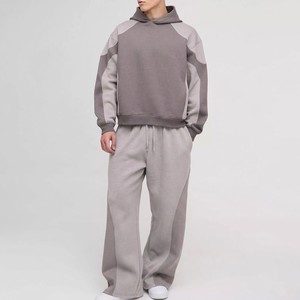 Ensemble décontracté haut de gamme en molleton de coton épais, respirant, pour l'hiver, grande taille, avec sweat à capuche oversize color block et pantalon de survêtement évasé - Product Image 4