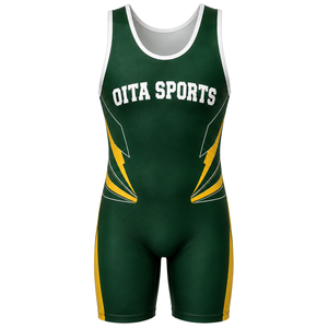 Men Dark Green Yellow Sublimated Wrestling Singlet Polyester <b>Athletic</b> Sports Uniform Sleeveless Competition Training Match Wear - Product Image 2