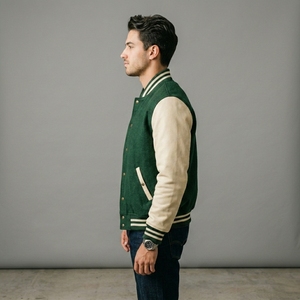 Blouson universitaire vert crème en laine avec manches en cuir, col et poignets en tricot côtelé, fermeture à boutons-pression, logo personnalisé, streetwear, vêtement d'extérieur, manteau pour homme - Product Image 3
