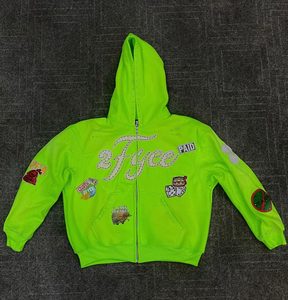 High Quality <b>Men's</b> <b>Red</b> Hooded <b>Sweatshirt</b> Oversized Streetwear Puff Printed Logo Front Pocket Design Rhinestones Zipper Hoodie - Product Image 2
