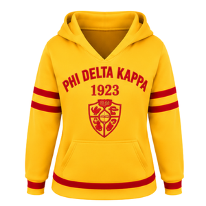 Sudadera con capucha PDK para mujer, roja y dorada, con corona de laurel, letras griegas, cuello en V, estilo universitario, manga a rayas, para hermandades - Product Image 3