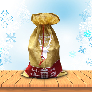 Santa Reindeer Jute Eco-Friendly Large Drawstring Gift Bag Linen Lining Red <b>Gold</b> Christmas Decoration Reusable Lace-Up Design - Product Image 1