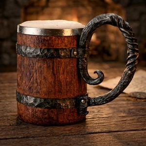 Mug Viking en bois fait main avec bandes et rivets métalliques, forme ronde antique, décoration d'intérieur durable - Product Image 1