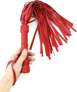 Black Leather Whip with Red Cord and Textured Grip for <b>Equestrian</b> Training - Product Image 3