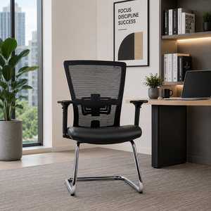 Chaise de bureau moderne en tissu maillé avec appui-tête réglable électriquement et base cantilever chromée pour usage domestique, bureau et salle de conférence - Product Image 1