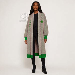 Alpha | Kapa | Alpha Sorority Women's Longline Herringbone Knit Duster <b>Cardigan</b> Open Front Embroidered Ribbed Cuff <b>Sweater</b> - Product Image 5
