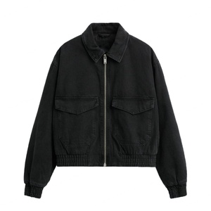 Mens Washed Black <b>Denim</b> Bomber <b>Jacket</b> <b>Cropped</b> Utility Cargo <b>Jacket</b> Zip Up Streetwear Outerwear OEM ODM - Product Image 1