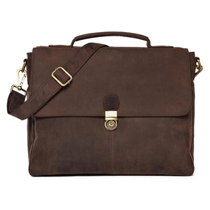 Classic Brown Leather Laptop <b>Briefcase</b> With Shoulder Strap Durable Travel Bag - Brown Leather Laptop Bag - Product Image 1