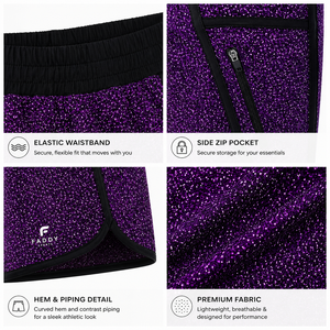 Purple Black <b>Glitter</b> Print Women Running Shorts Zip Pocket Elastic Waist Contrast Trim Custom Logo Fitness Activewear Wholesale - Product Image 4