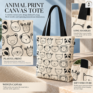 Animal Face Print Canvas Tote with Black Long Handles | Natural <b>Cream</b> Shopping <b>Shoulder</b> <b>Bag</b> for Daily Carry and Travel Use - Product Image 5