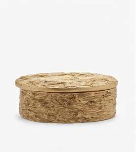 Boîte de rangement ronde en métal texturé doré personnalisée pour fruits secs et dates, motif écorce, support pour collations - Product Image 1