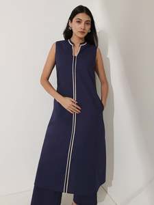 Navy Blue <b>Sleeveless</b> Maxi <b>Dress</b> With Contrast Binding Stand Collar Loose Fit Casual Daily Wear <b>Summer</b> Woven Cotton <b>Dress</b> - Product Image 2