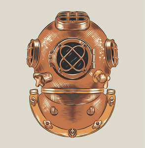 Ilustración de casco estilo cobre vintage con ventanas con diseño de cruz y válvulas laterales, disponible a precios de mayorista. - Product Image 1