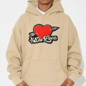 Men's Oversized Hooded <b>Sweatshirt</b> Beige Cotton Fleece Embroidered <b>Heart</b> Logo Front Pocket Casual Autumn Style - Product Image 2