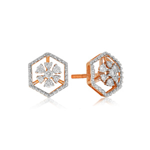Luxury Two Tone Gold and <b>Silver</b> Lab Grown Floral <b>Stud</b> Earrings with Sparkling Pavé Hexagonal Frame and Elegant Earring - Product Image 2