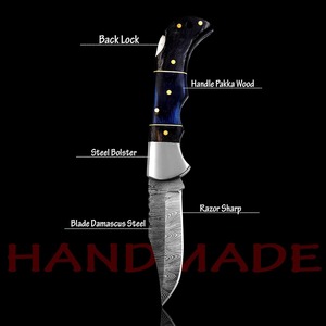 Cuchillo Plegable de Bolsillo Damasco Negro y Azul Hecho a Mano para Hombre - Cuchillo de Acero Damasco de 7 Pulgadas con Mango de Madera y Funda de Cuero DIY OEM - Product Image 4
