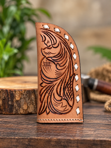 New Arrival High Quality Hand <b>Tooled</b> <b>Leather</b> Knife Sheath Hunting Accessories Genuine <b>Leather</b> Feather Design Knife Cover <b>Pouch</b> - Product Image 5