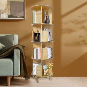 <b>Solid</b> Pine <b>Wood</b> 4-Layer 360-degree Rotating <b>Bookcase</b> Display Rack Modern Minimalist Style for Living Room with Panel - Product Image 3