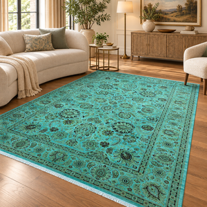 Tapis traditionnel en laine noué à la main 9x12 à motifs floraux en turquoise, olive et noir pour la décoration du salon et de la chambre - Product Image 1