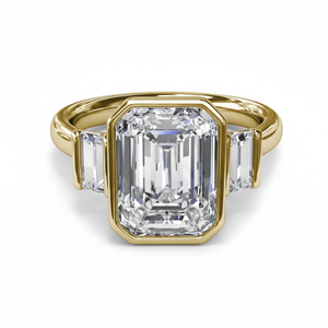 Anello Art Deco con Tre Pietre Taglio Smeraldo, Montatura a Castone con Pietre Laterali Baguette, Oro 18K, Anello Passato Presente Futuro - Product Image 3