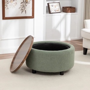 Table basse ronde moderne en tissu vert avec plateau en bois, meubles de salon, design contemporain, style ottoman multifonctionnel - Product Image 3