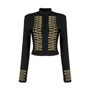 Veste noire pour homme, style élégant, garniture tressée dorée, manches longues, fermeture boutonnée, col montant ajusté, 100% laine et coton - Product Image 3