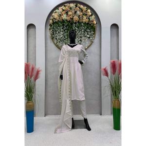 DESIGNER ORGANZA FIL DE SOIE SEQUENCE TRAVAIL HAUT BAS AVEC DUPATTA BLANC - Product Image 1