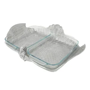 Ensemble de plats de service en verre double avec support en métal argenté en forme de feuille pour buffet, mariage, hôtel, restaurant - Product Image 1