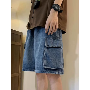 Shorts cargo en denim délavé pour homme, taille mi-haute, fermeture élastique, style décontracté avec poches, tissu en toile 100% coton - Product Image 3