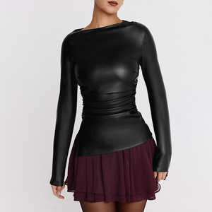 Blusa de cuero sintético para mujer, elegante, de manga larga, a la moda, informal, con estilo, de cuero PU, para damas modernas. - Product Image 5