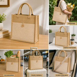 Jute Shopping <b>Bag</b> <b>Medium</b> <b>Size</b> Button Closure Hand Length Handle Tote for Exhibition & Wedding Daily Use - Product Image 5