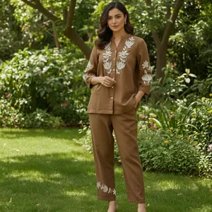Women's Brown Embroidered Cotton <b>Linen</b> Co Ord <b>Set</b> Mandarin Collar Three Quarter Sleeve Straight Pants Regular Fit Elegant Outfit - Product Image 5