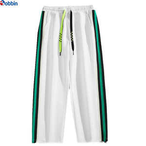 Man Trouser Stacked Sweatpants With Green And <b>White</b> Side Stripes Elastic Waist Drawstring Casual <b>Joggers</b> Breathable - Product Image 3