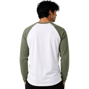 Camiseta de Manga Larga Raglán Blanca y Verde Oliva Personalizada para Hombre, Algodón Premium, Cuello Redondo Informal, Estilo Béisbol, Ropa Personalizada OEM - Product Image 2