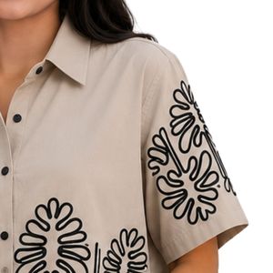 Beige Women Cropped Button Shirt Black Floral Embroidery Short Sleeve Casual Summer Blouse Cotton Fashion Designer <b>Top</b> Custom - Product Image 4