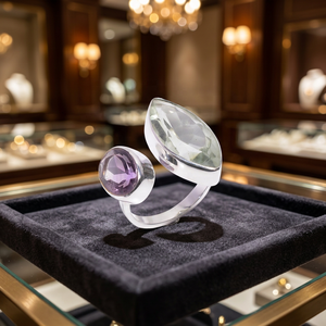 Minimalist 925 Silver Dual Stone <b>Adjustable</b> <b>Ring</b> With Marquise Cut Clear Gem And Round Amethyst Bezel Set For Everyday Wear - Product Image 3