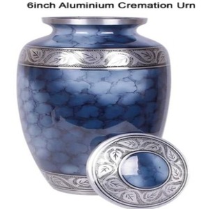 Urna Funeraria de Aluminio Azul, Recipiente Decorativo para Cenizas con Patrón de Hojas Plateadas, Recuerdo Conmemorativo Metálico - Artesanía India - Product Image 3