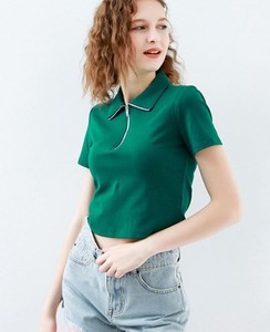 Polo vert à manches courtes pour femme, tricoté, couleur unie, avec fermeture éclair, coupe courte, style décontracté - Product Image 3