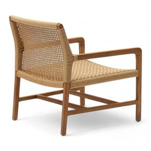 Fauteuil de salon moderne en teck, dossier en rotin tressé à la main, structure en bois massif, design scandinave, fauteuil de détente - Product Image 4