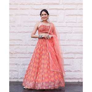 Ensemble Lehenga Choli en Chiffon Pur Rose Pêche à Motifs Floraux avec Dupatta, Impression Numérique, Taille XS, Idéal pour les Mariages - Product Image 1
