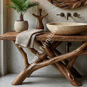 Meuble-lavabo de salle de bain de luxe en bois massif rustique fait main avec bord naturel, base artistique en forme de branche, console naturelle - Product Image 4