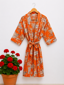 Kimono de Lujo Personalizado 100% Algodón para Mujer, Estampado Floral, Cuello en V, Cierre con Cordón, Largo hasta el Tobillo, Mangas 3/4, Listo para el Verano - Product Image 4