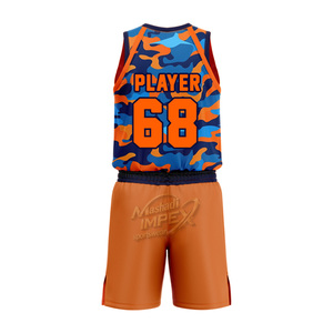 Conjunto de Camiseta de Baloncesto con Estampado de Camuflaje, Diseño Sublimado Transpirable, Ropa Deportiva Unisex para Adultos, Camiseta sin Mangas con Cuello en V Naranja y Azul, Pantalones Cortos - Product Image 4