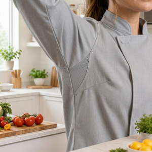 Uniforme de Chef con Logotipo Personalizado en Relieve, Manga Larga, Cuello Mao, Transpirable, Tejido Suave TR Spandex, Cierre de Botones, para Restaurante y Bar - Product Image 5