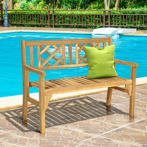 Panca da Esterno in Legno Massello con Schienale Curvo e Braccioli per Giardino, Patio, Scuola, Hotel - Product Image 3