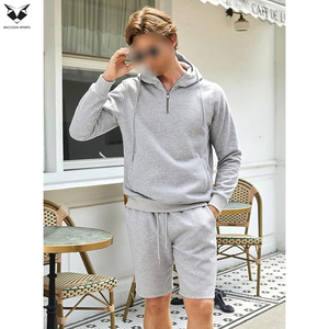 Men's 2 Piece Outfits In Gray Color Best Quality Half Zip Hoodie Sweatshirt Tracksuit Joggers Shorts <b>Set</b> With Pockets - Product Image 6