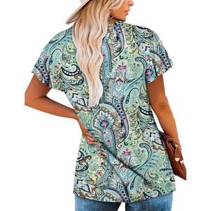 Top tipo túnica con cuello en V favorecedor bohemio para mujer 2025 con mangas cortas, Tops y mallas de punto XL de Cachemira Beige elegante - Product Image 3